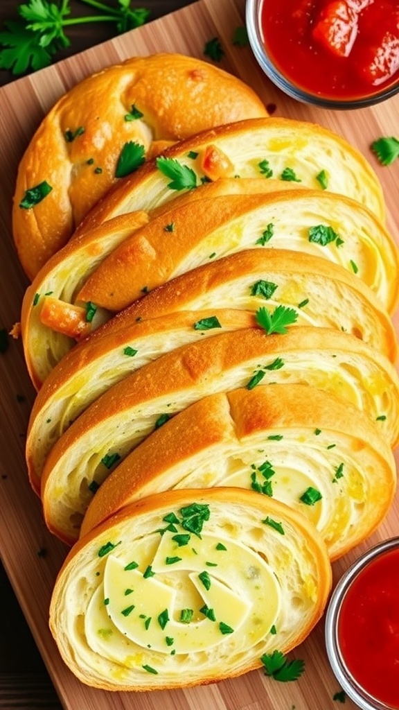 Sliced homemade garlic bread on a wooden board, garnished with parsley and served with marinara sauce.